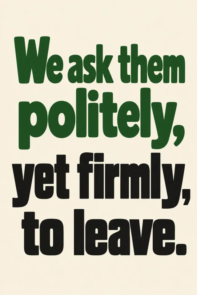 Heavy rounded letters shift from forest green to near-black on a warm cream field. The four-line cadence moves from a courteous request to its firm conclusion.