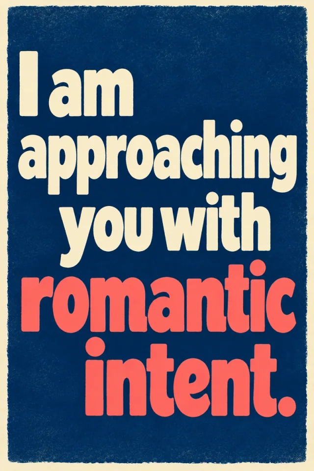 Rounded cream lettering builds a full-page declaration on a worn navy field, with the romantic ending in coral and a rough cream printed surround.