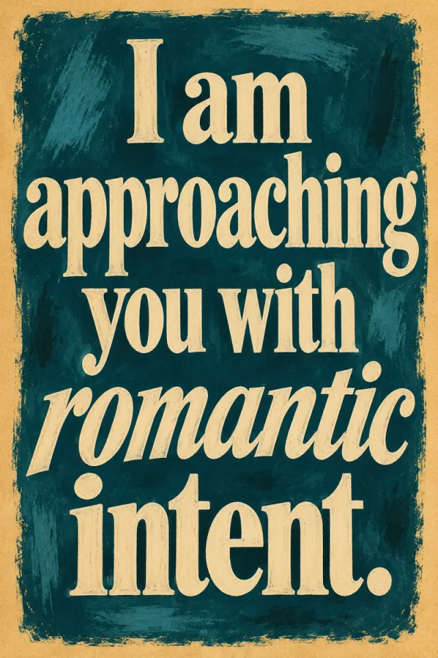 Cream serif lettering fills a brush-textured teal panel. The word romantic changes to a flowing italic, surrounded by a warm ochre printed border.