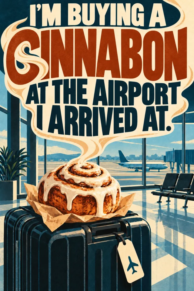 A giant iced roll sits on a suitcase in a terminal. Cream steam coils through the C aperture before connecting down to the icing.