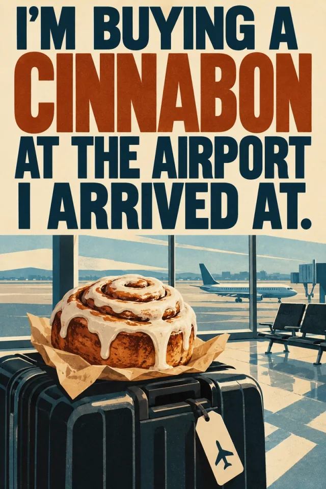 An enormous iced cinnamon roll rests on a suitcase in an airport terminal, with a parked plane beyond the windows. The luggage tag has a plane silhouette.