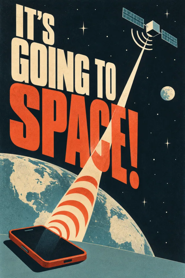 A narrow signal beam cuts through the C/E region of the huge red SPACE while a small phone sits beneath the curved earth.