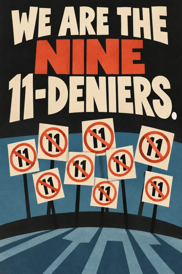 Nine placards display the number 11 inside red prohibition circles beneath the cream-and-red headline. Long signpost shadows cross a blue field.