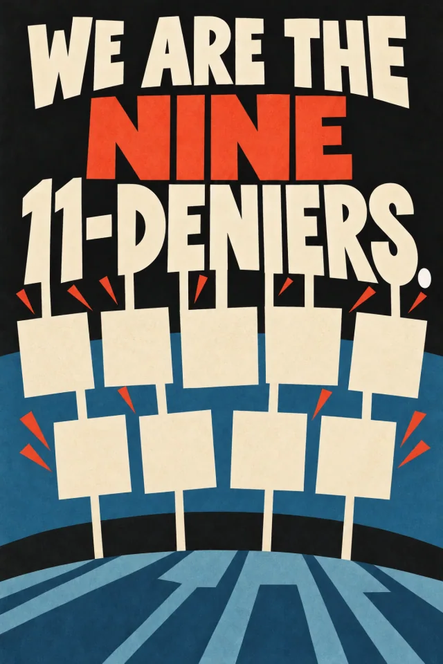 Nine blank placards stand in two rows of five and four. Their supports join strokes of 11-DENIERS; long shadows spread below them.