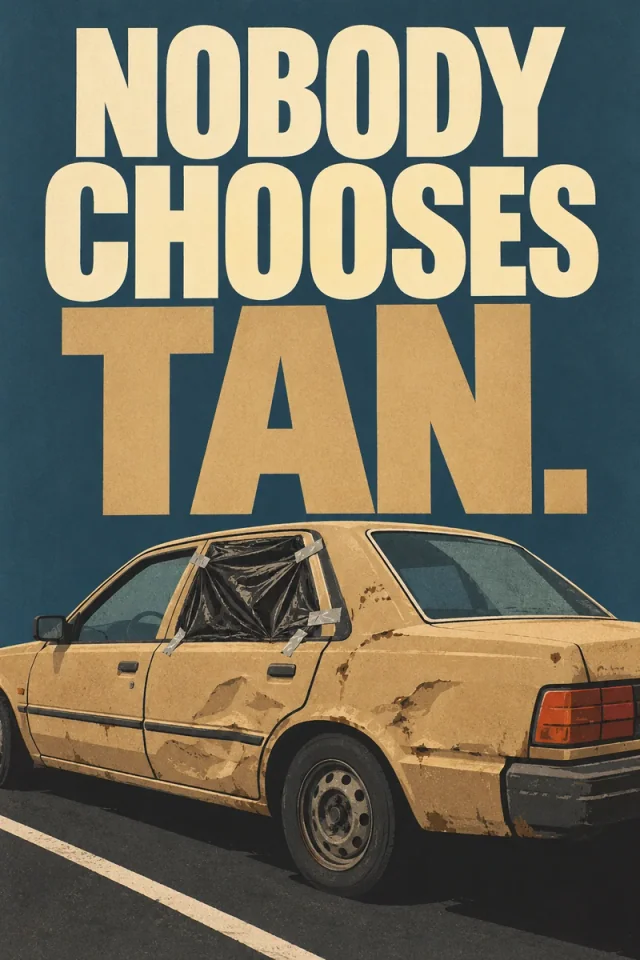 Cream NOBODY CHOOSES sits above enormous tan TAN. A battered tan sedan has a black garbage bag taped over a rear side window.
