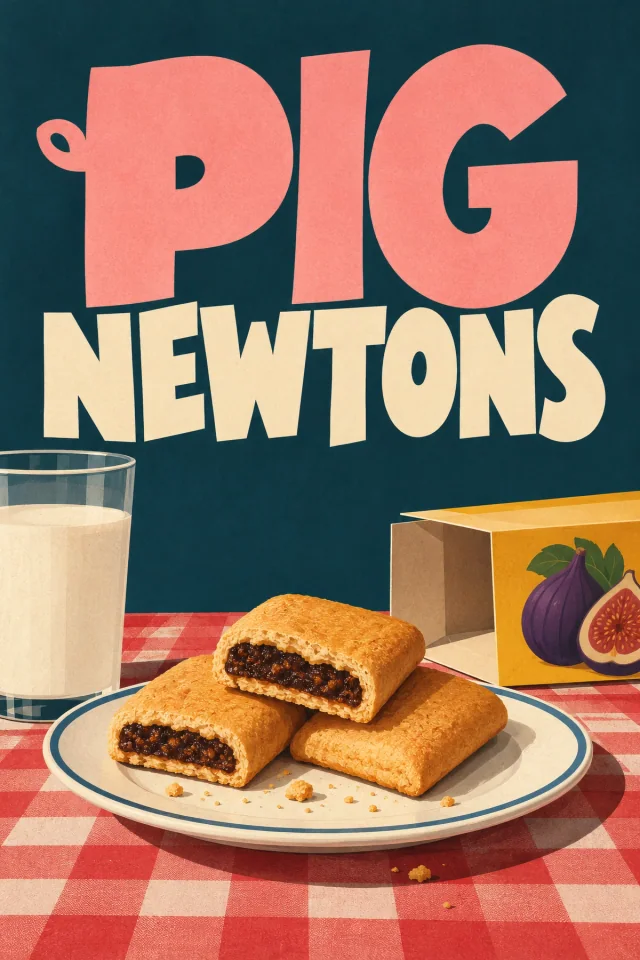 The huge pink P has a curled tail. Cream NEWTONS hangs over a plate of cookies, a fig-illustrated box and a glass of milk.