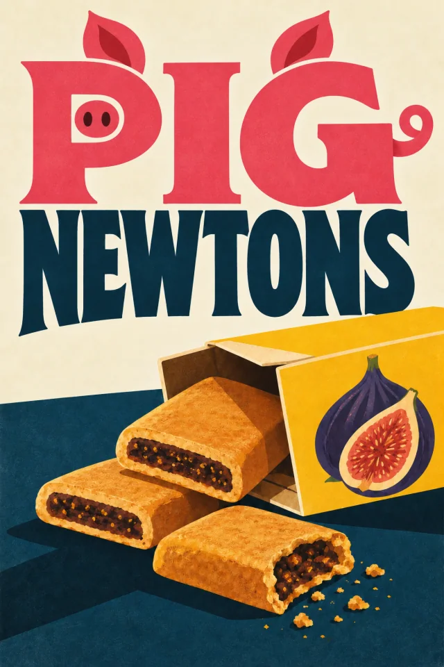Pink uppercase PIG grows ears and a tail, with a snout inside the P counter. A fig picture on the cookie box contradicts the heading.