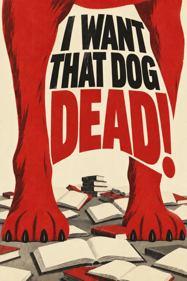 Huge red legs enclose the words above open books. The final D and adjacent leg share a diagonal cut. Both paws have four toes.