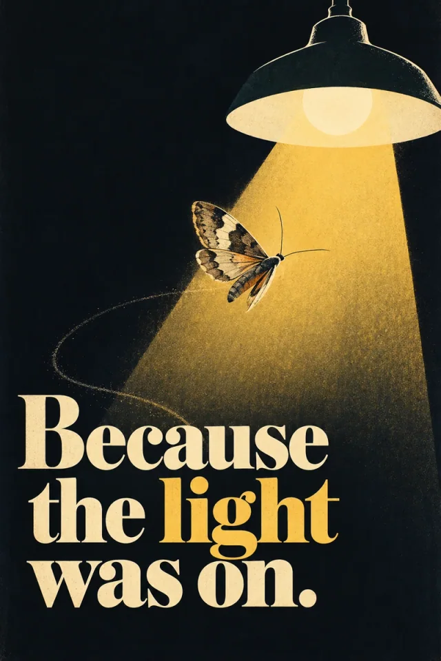A lone moth beneath a hanging lamp, its golden cone of light breaking into a dark field beside cream serif lettering.