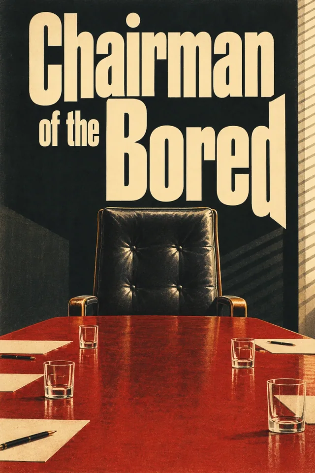 An empty black chair at a long red boardroom table, with tall cream lettering against a dark wall.