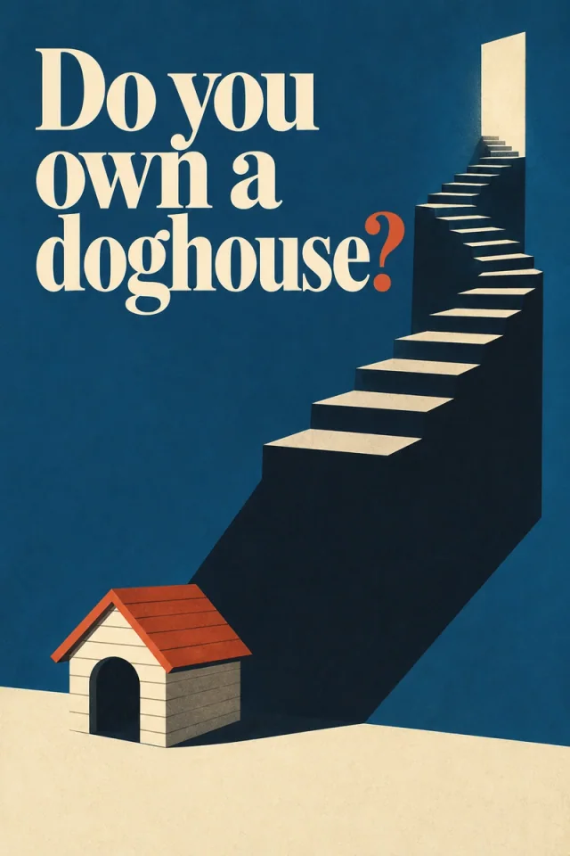 A small red-roofed doghouse below an exaggerated rising stair and cream lettering on blue.