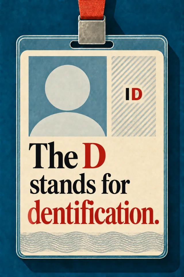 A cream identity badge on blue, with a small ID mark, blank portrait symbol, red lanyard and balanced black/red serif quote.