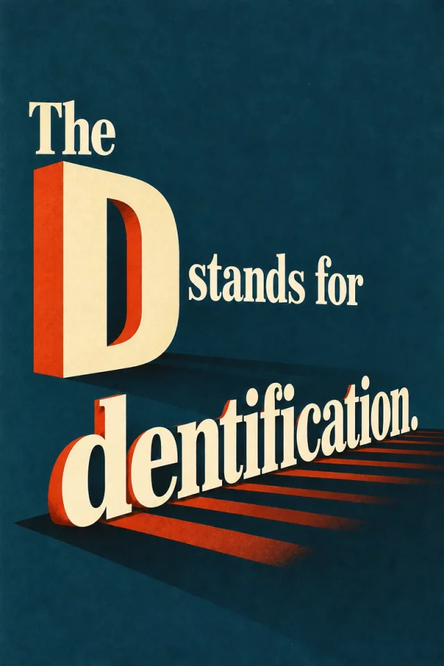 Dimensional cream and red lettering on blue; a large D and the full separate word dentification cast long shadows.