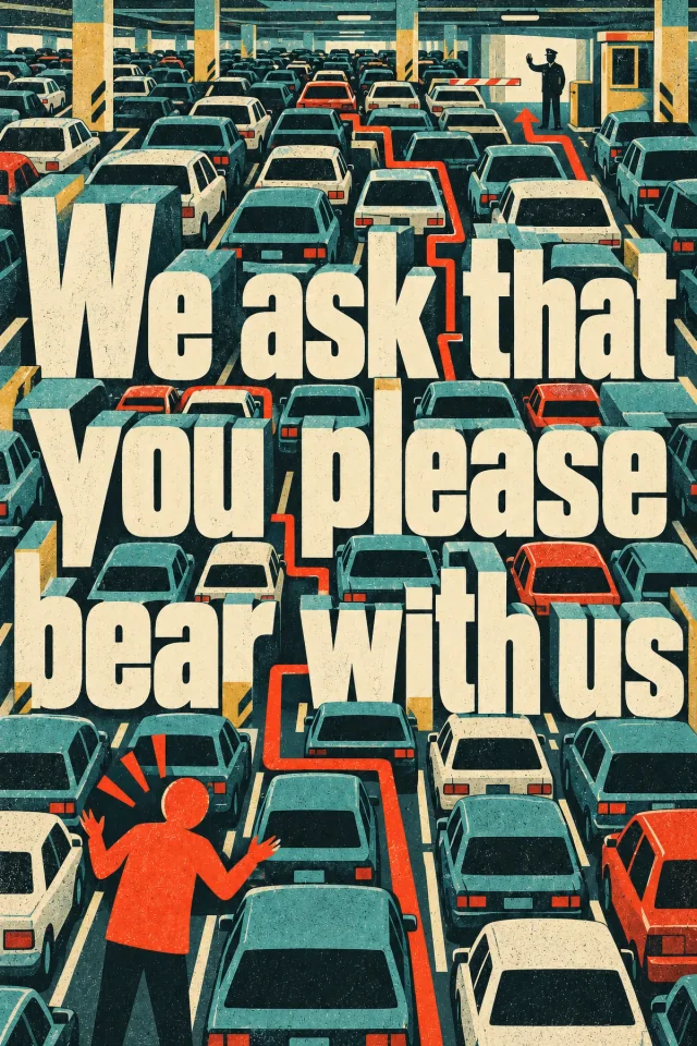 Rows of teal, cream, and dark cars form a dense parking garage. Large cream words zigzag toward a red figure with raised arms at the bottom.