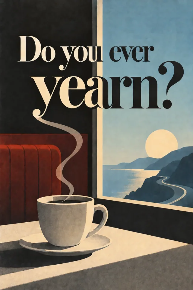 Coffee steam climbs into the descending y while a distant road echoes its curve.