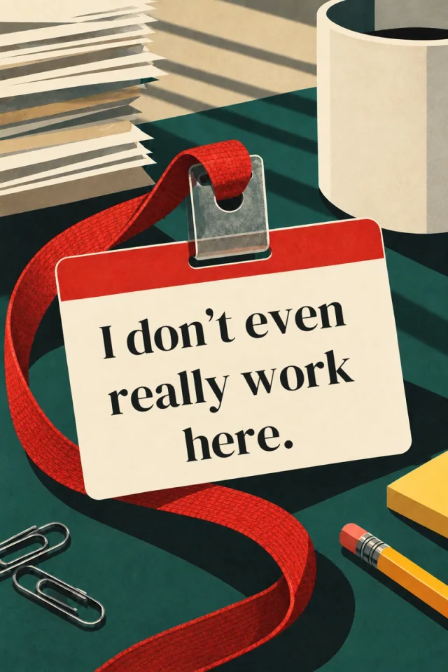 A cream employee badge on a red lanyard lies on a dark green desk beside a pencil, paper clips and papers.