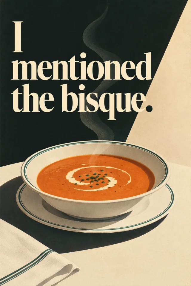 A bowl of orange bisque and a folded napkin sit under cream serif lettering on a diagonal black and cream field.