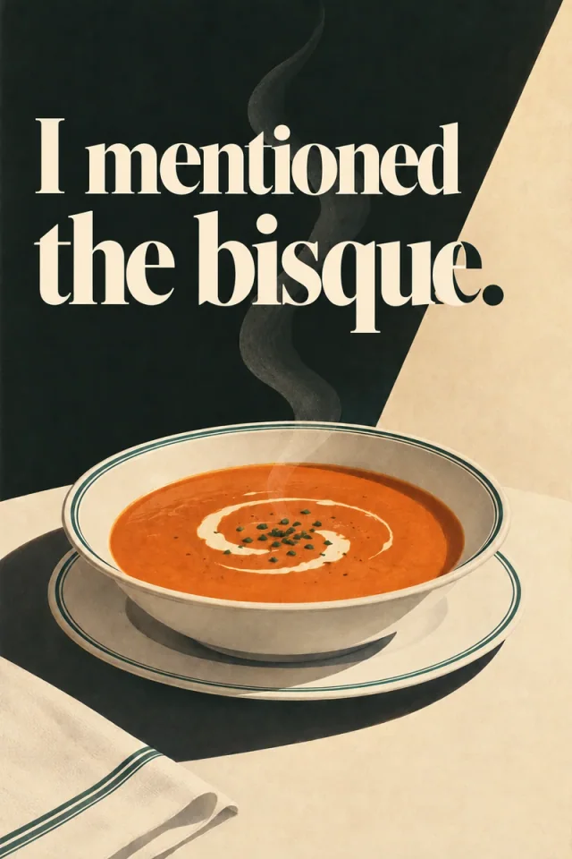 A bowl of orange bisque and a folded napkin sit under cream serif lettering on a diagonal black and cream field.