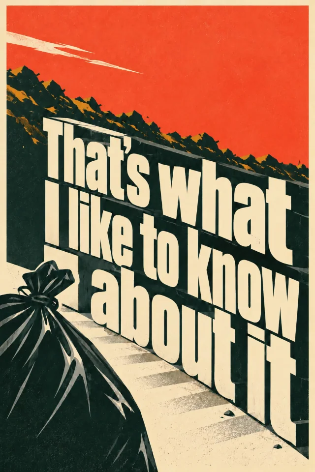 Oversized cream letters extend along an orange sunlit wall above a dark trash bag. Diagonal pavement shadows pull the composition into the distance.