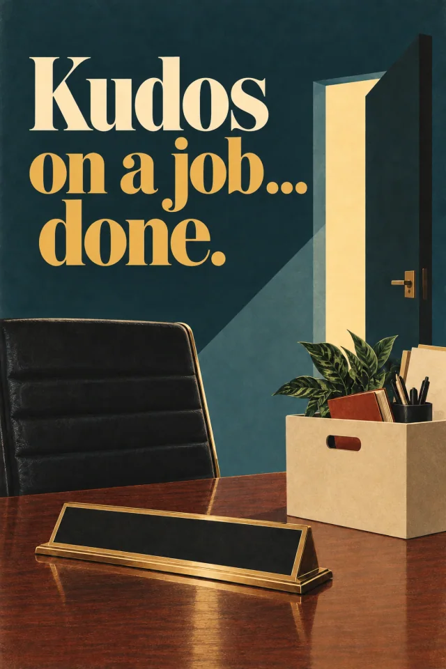 Empty executive chair, blank brass nameplate, packed desk box and an open doorway balance cream and gold serif lettering on a dark teal field.