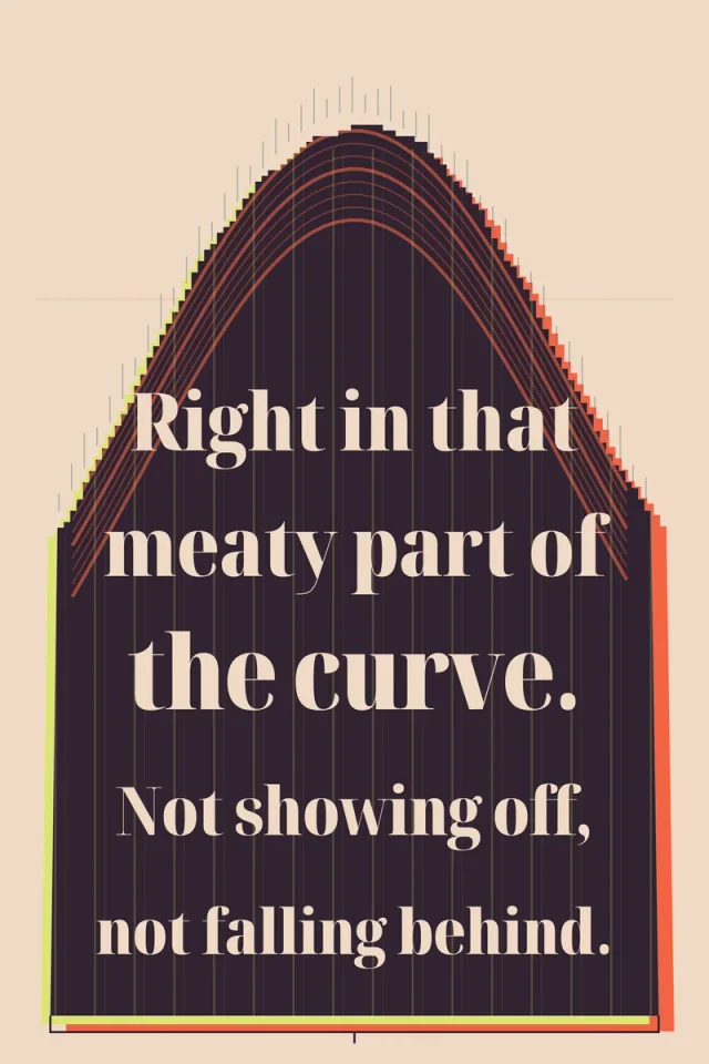 A dense series of narrow colored vertical lines forms a rounded dark bell curve around large cream serif lettering on pale peach.