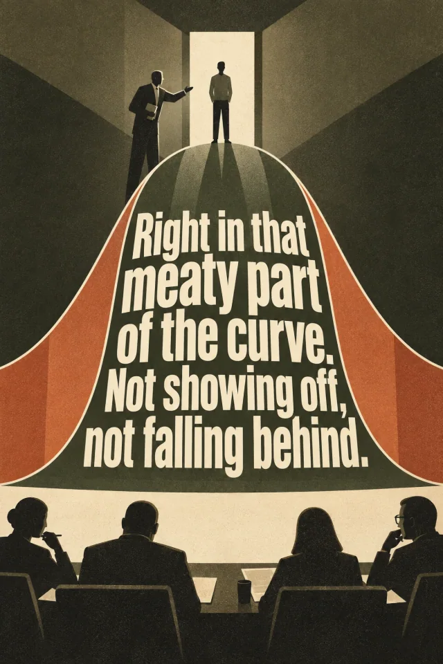 Cream italic lettering follows a red and olive bell curve above silhouetted people around a boardroom table. Two small figures occupy the raised curve.