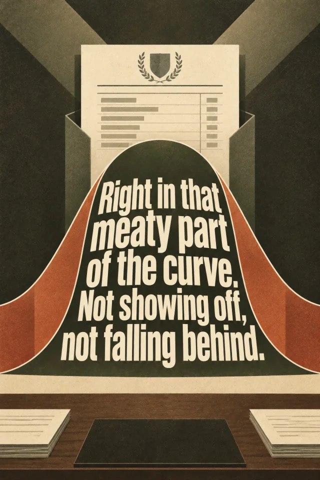A red and olive bell curve bears cream italic lettering on a large office report. Smaller papers, a desk edge, and a certificate-like heading surround it.