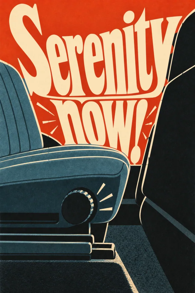 A cramped blue car seat and its adjustment mechanism press against large cream words on a red field. The emphatic demand for calm makes a visual joke out of Frank’s frustrated attempt to relax.