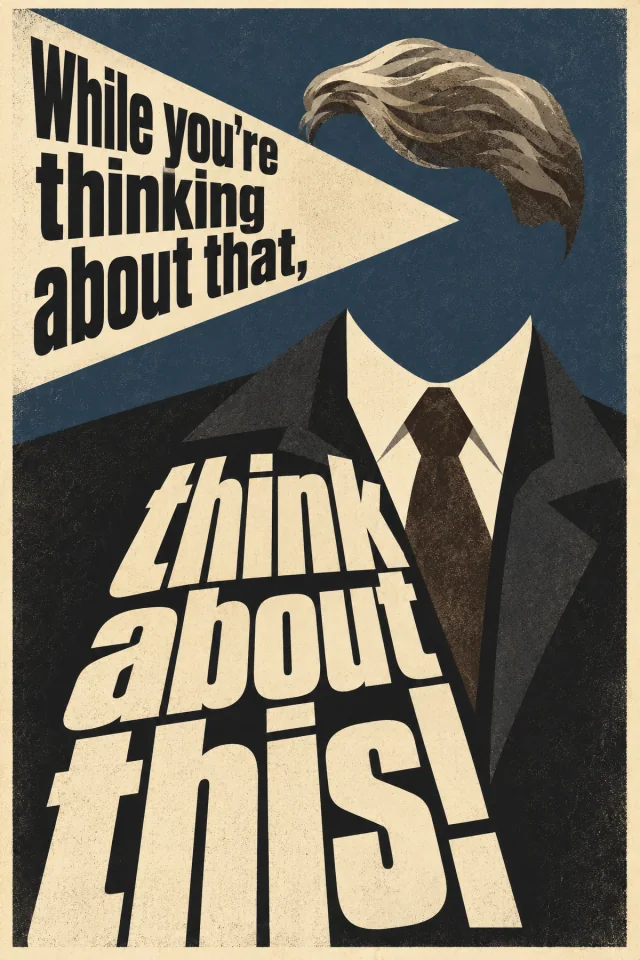 Bold black and cream lettering surrounds a faceless tan-haired silhouette in a dark suit. Angular blue and parchment shapes structure the composition.