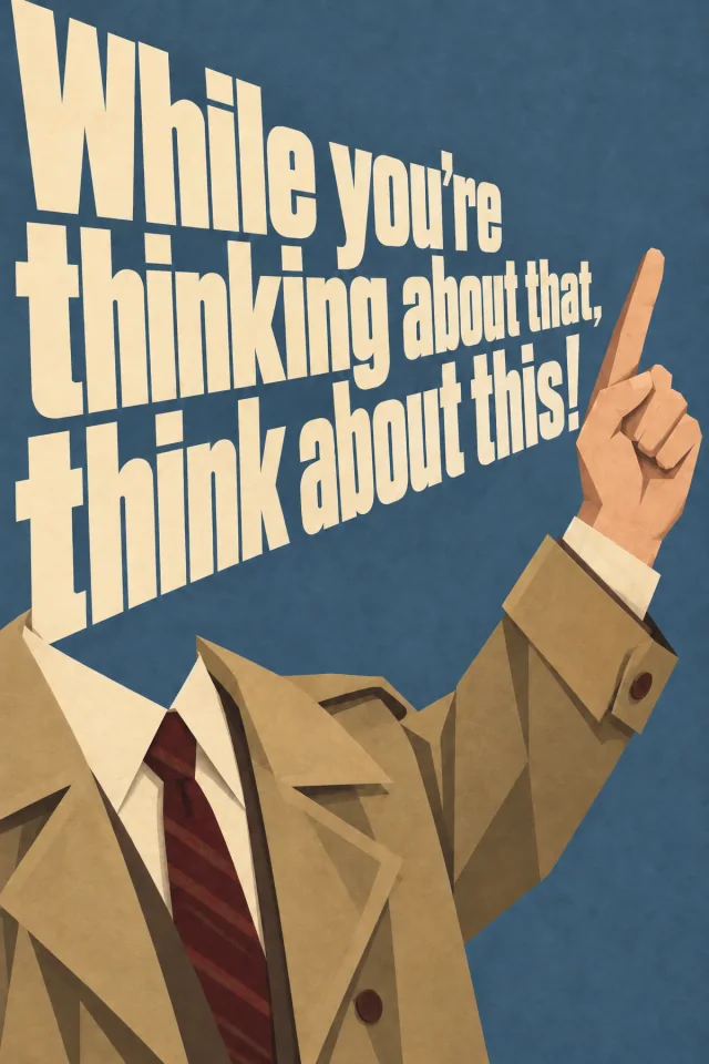 Cream lettering fills a blue background above a tan jacket, white collar, red tie, and raised pointing hand. The figure’s face is outside the composition.