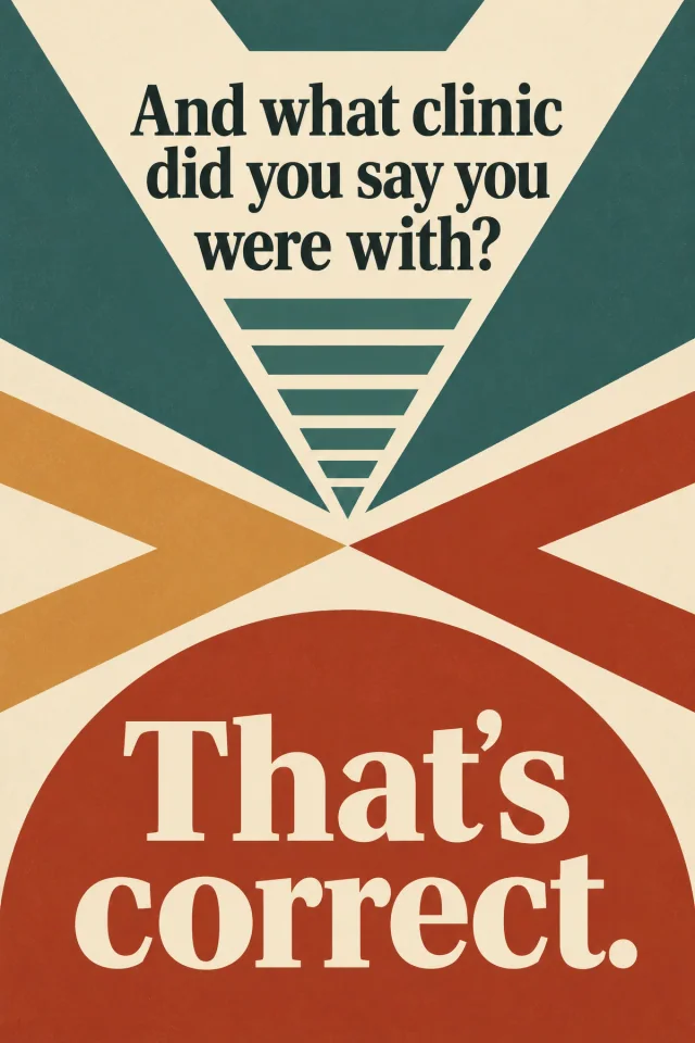 Dark green lettering sits above converging geometric corridor shapes. A coral circle carries large cream words on a pale background.