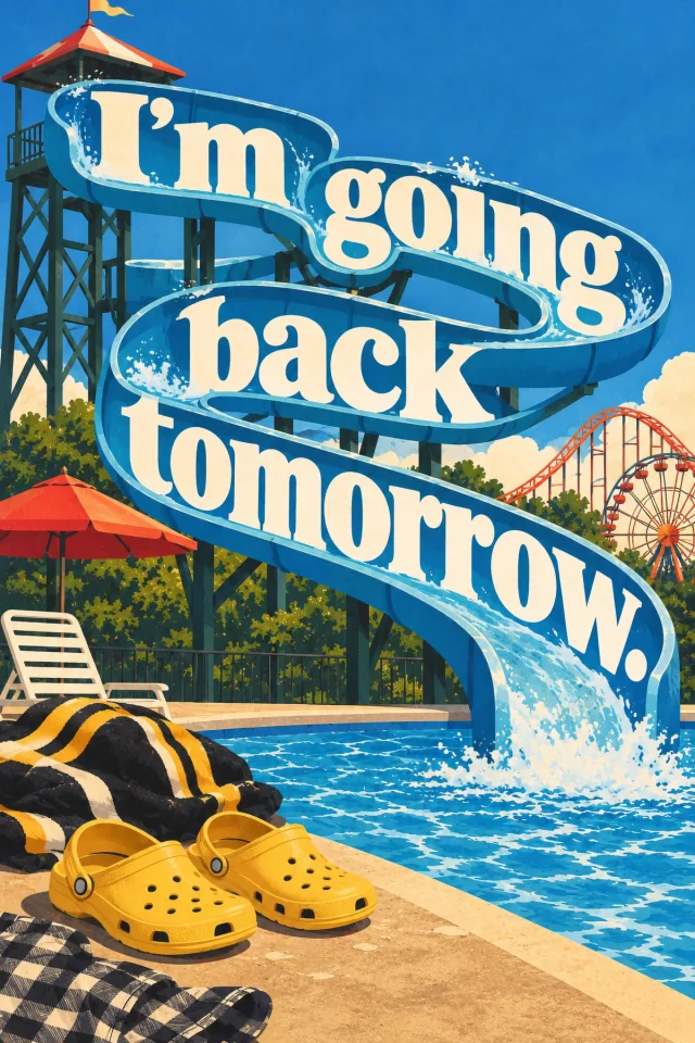 Cream words follow four descending bends of a blue water slide. Yellow clogs, checked clothing and black-and-gold belongings rest beside the pool, with rides and a slide tower behind.
