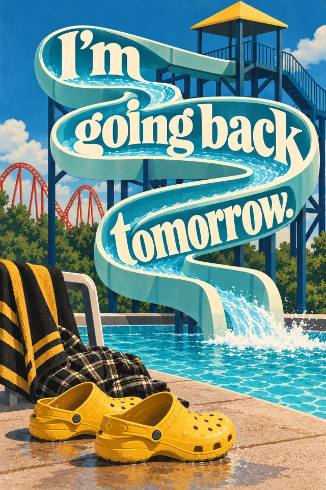 Cream words follow three sweeping bends of a turquoise water slide. Yellow clogs and checked, black-and-gold belongings sit at the pool edge below a yellow-roofed tower.