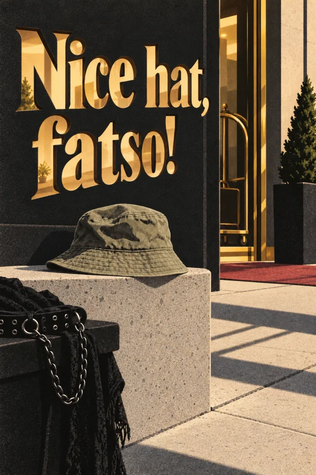 Gold light shines through large letter-shaped openings in a dark hotel facade. An unlettered bucket hat rests on a stone ledge beside black buckled belongings and a tall doorway.