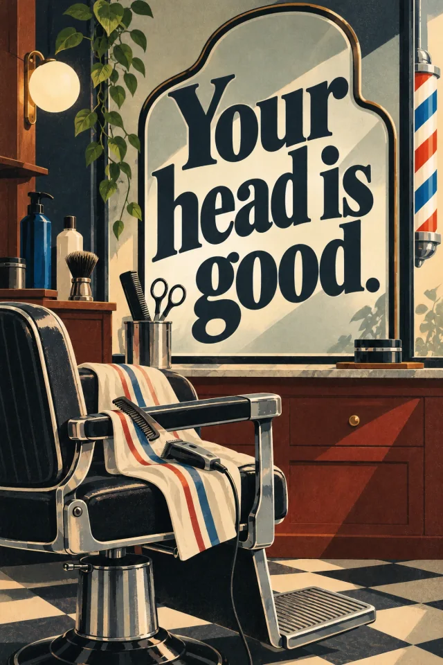 Black lettering follows the shape of a pale mirror above a black barber chair. A striped cape and clippers sit beside brushes, trailing greenery and a barber pole.