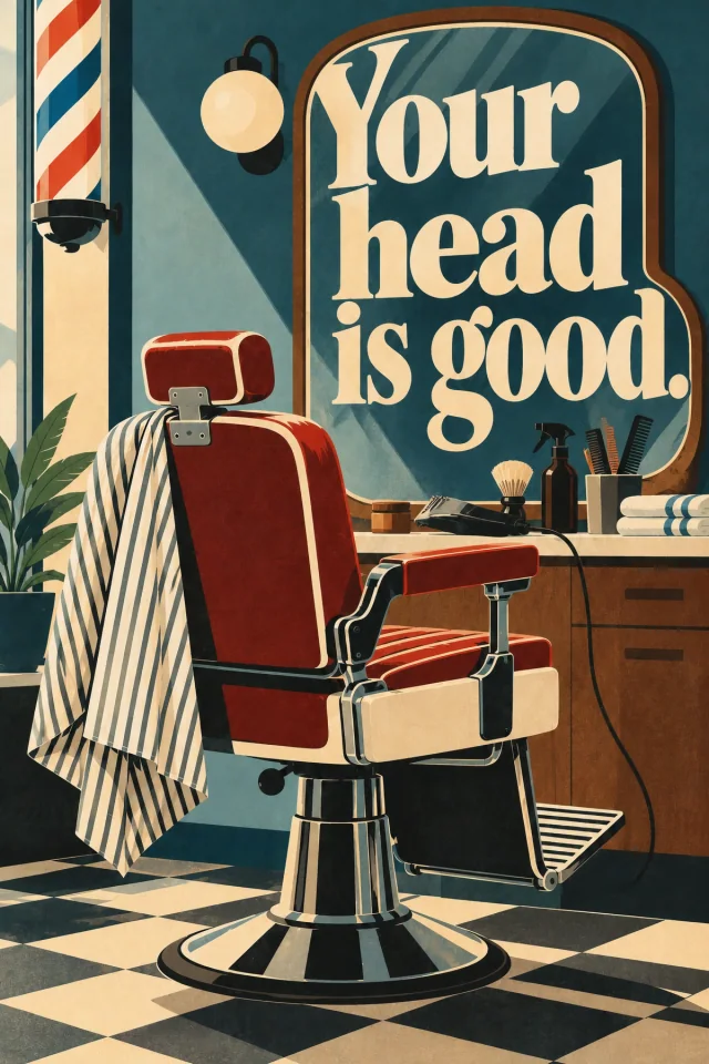 Cream serif lettering fills a shaped mirror above a red barber chair. A striped cape, barber pole, clippers and a checkerboard floor complete the empty barbershop.