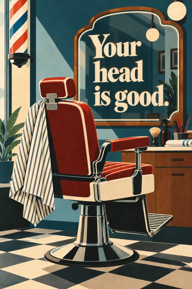 Cream lettering with generous line spacing sits inside an outlined shaped mirror. A red barber chair, striped cape, globe lights and a checkerboard floor balance the reflection.