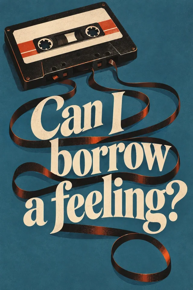 Cream lettering weaves among loose cassette-tape loops below an abandoned black cassette on blue.