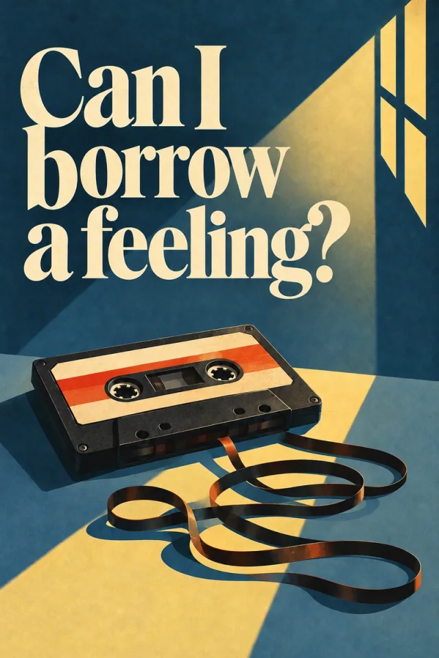 A solitary cassette and looping tape lie across a blue room lit by a diagonal golden window beam, beneath cream lettering.