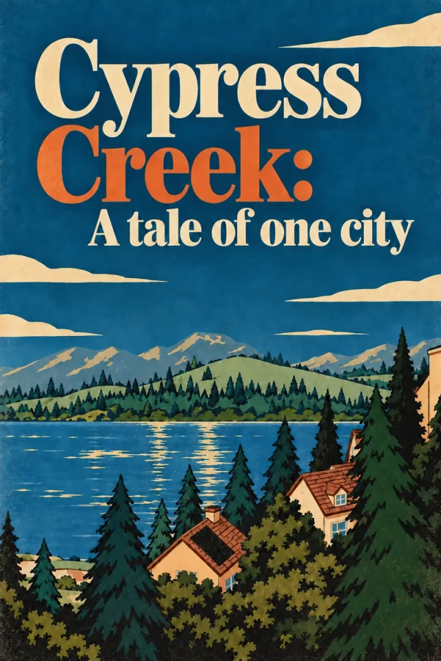 Cream Cypress and rust Creek lettering over a deep blue field, followed by the cream subtitle A tale of one city. Slate mountains and olive evergreen hills surround a blue lake, with warm cream houses and rust tiled roofs in the foreground. Printed paper grain runs through the image and letters.