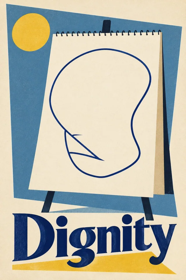 A navy outline of Kirk’s Dignity sketch fills a cream spiral pad on an easel. Oversized navy serif lettering stretches across a mustard base beneath it, with a tilted blue field and yellow disk behind the pad.