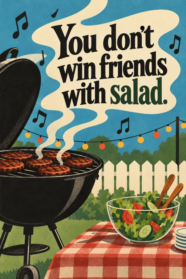A cream smoke plume carries black and green lettering above a barbecue grill, musical notes and a salad bowl on a red checked table.