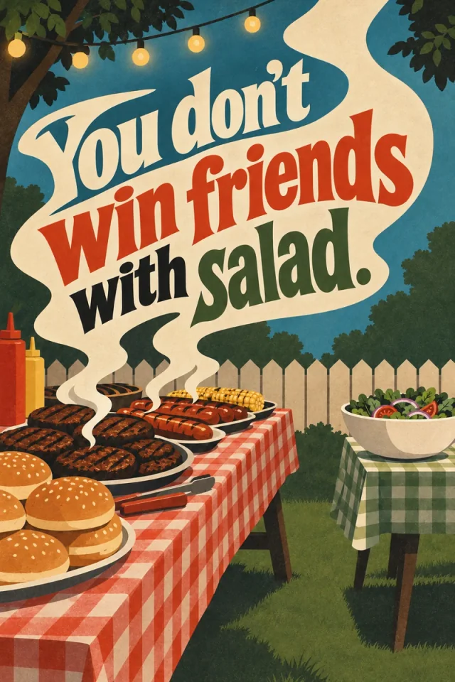 Sweeping cream smoke and expressive lettering rise from a crowded meat buffet; a salad sits alone on a smaller green checked table.