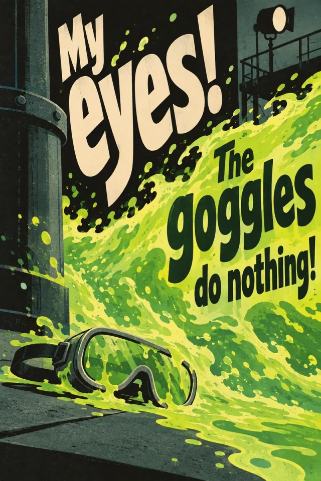 Oversized cream and dark lettering rises over a vivid green acid wave flooding a film set, with small goggles at its base.