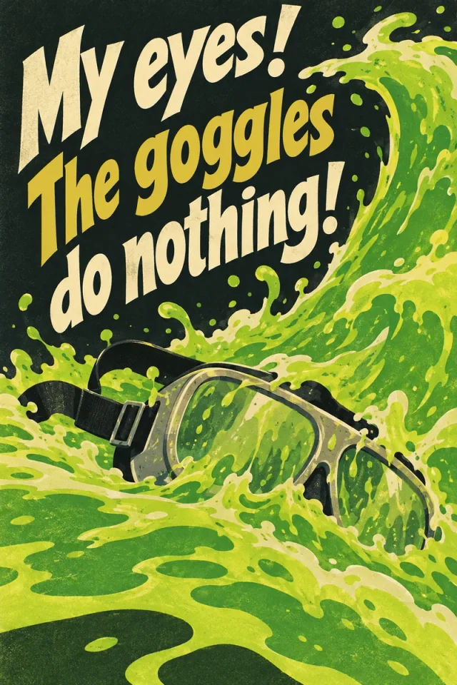 Cream and gold lettering sits above goggles overwhelmed by a curling green acid wave on a dark field.