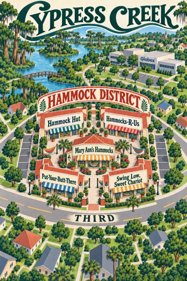 A bird's-eye town panorama with a dark-green Cypress Creek title over a blue creek, a Globex campus and a red Hammock District arch. Five named shops face one courtyard, with Mary Ann's centered and Third curving across the foreground.