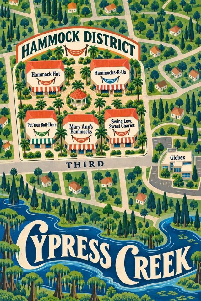 An overhead town plan with five cream shops and red roofs inside one Hammock District courtyard beside Third. Mary Ann's is in the center front row. A Globex campus sits to the right; blue creek curves and large cream Cypress Creek lettering anchor the bottom.