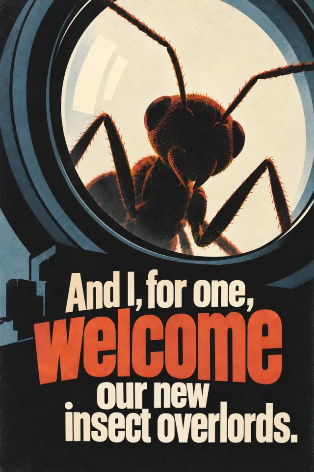 A black ant edged in orange fills a cream circular broadcast view, surrounded by dark blue equipment rings and a camera-like housing. Bold cream lettering sits below the image; welcome spans the width in orange against a textured charcoal background.