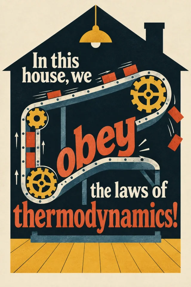 A dark house silhouette contains a diagonal cream belt, yellow gears and orange blocks. The rising orange word obey interrupts the return path as blocks spill at the right. Cream introductory lettering, an orange final line, a pendant lamp and a yellow floor complete the composition.