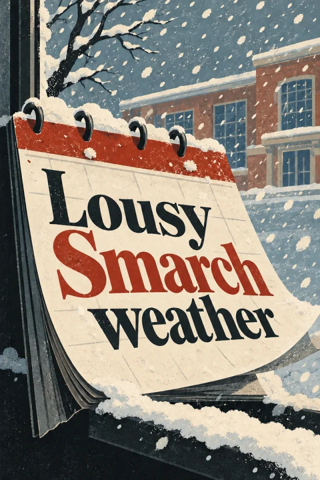 Black and red serif lettering follows a curling red-topped calendar surrounded by snow, with a brick school beyond the window.